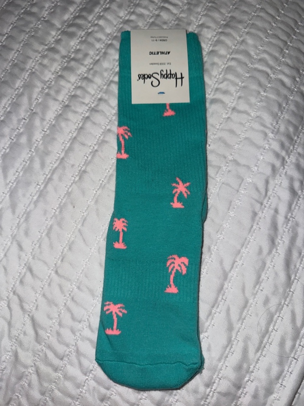Happy Socks Athletic Crew Socks in Teal with Pink Palm Motifs - Picture 2 of 3